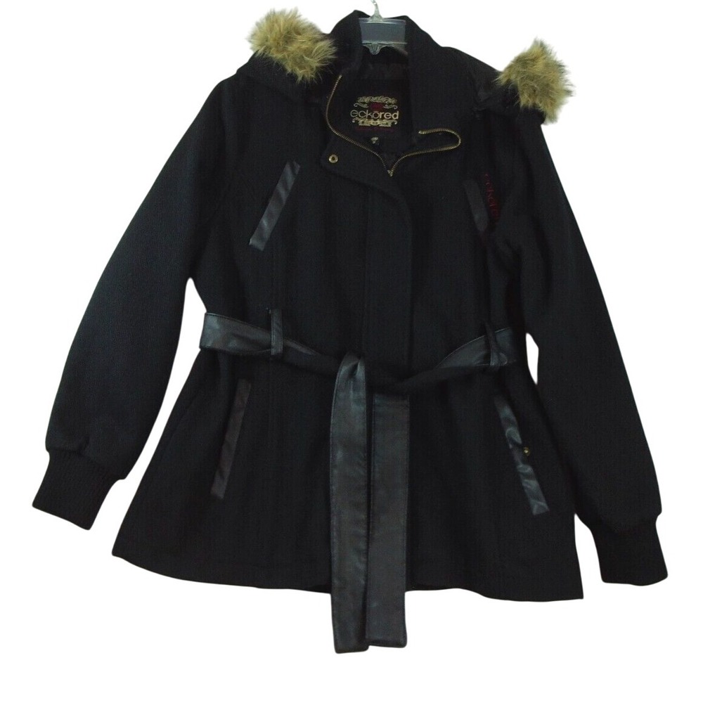 Eckored ‎ Women's 1X Hooded Faux Fur Trim Full Zip Logo Belted Wool Blend Coat